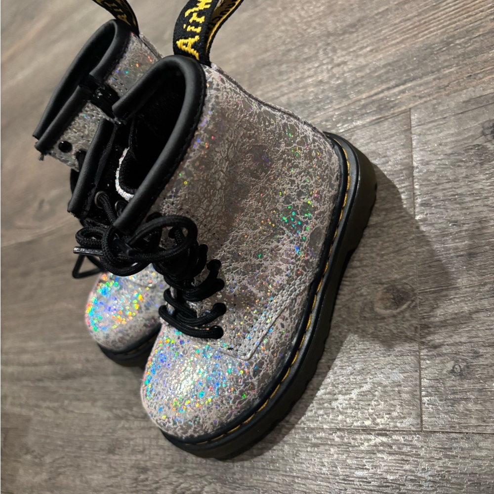 Dr. Martens Kids Grey Disco Crinkle Metallic Boots 1460